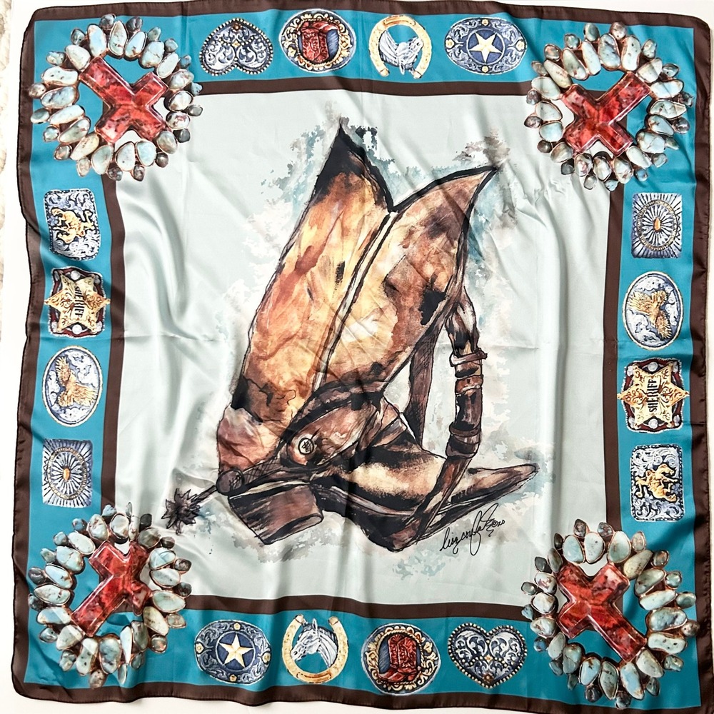 Liz Coufal Designs Scarf Silk Blend Blue Western Cowboy Boots Turquoise Cross OS